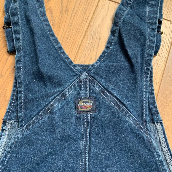 Vintage 90s Silver Jeans Flare Carpenter Denim Blue Overalls Size 5/31 - Picture 10 of 16